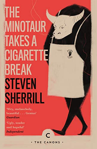 Book cover featuring a minotaur in a steakhouse apron smoking a cigarette on red.