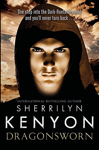 Book cover featuring a hooded figure with intense eyes, titled "Dragonsworn.