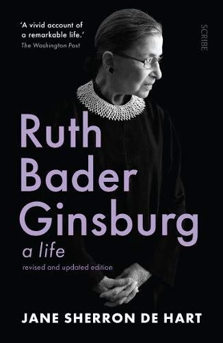 Book cover: Ruth Bader Ginsburg portrait, black and white with purple text.