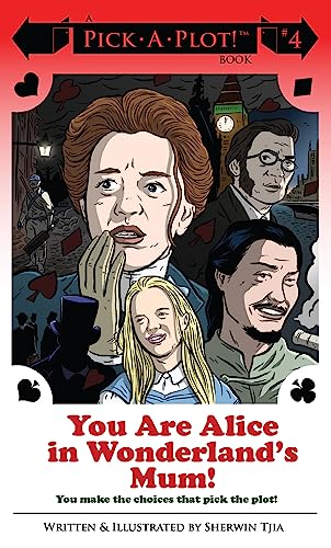 Book cover: woman with shocked expression, Alice, and London background.