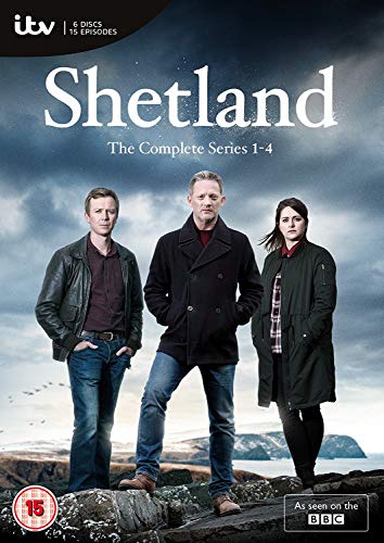 DVD cover for Shetland series 1-4 featuring three cast members against a coastal landscape.
