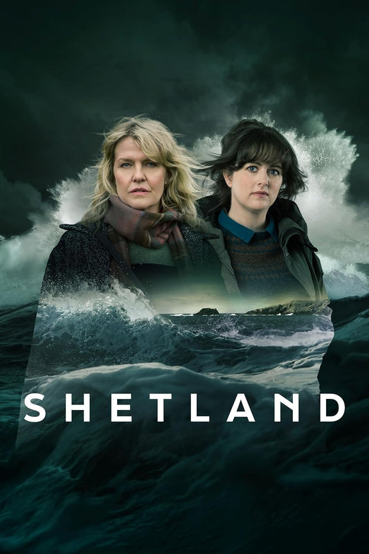 Two women with stormy seas and coastline behind them, “Shetland” title.