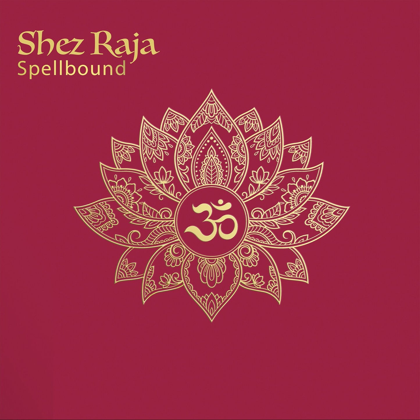 Album cover with gold Om symbol and lotus mandala on a deep red background.