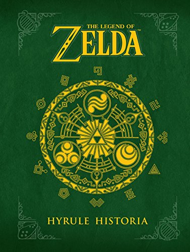 Green book cover with yellow Zelda logo, Triforce emblem, and decorative circular patterns.