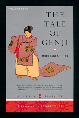 Book cover: "The Tale of Genji" with a traditional Japanese illustration.