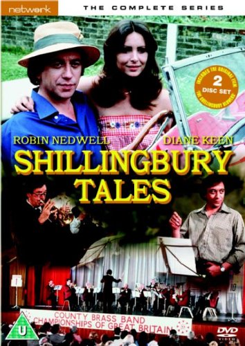 “Shillingbury Tales” DVD cover featuring two main actors and a brass band.