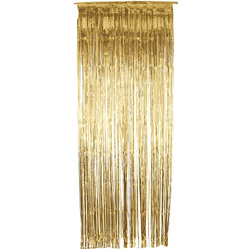 The image shows two metallic curtains, one gold and one silver, against a white background. For the alt text, a suitable description would be: "Gold metallic curtain with long, shiny strips hanging vertically."