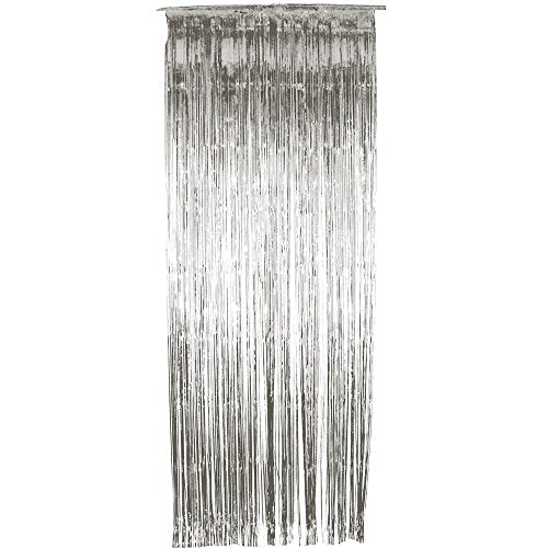 The image depicts a shimmering silver curtain, comprising numerous thin strips of metallic material. For accessibility purposes, a suitable alt text could be: "Silver metallic fringe curtain with long, thin strips hanging vertically."