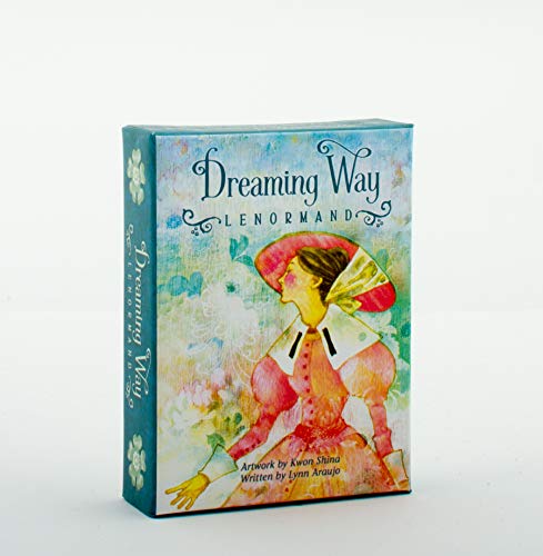 Box for "Dreaming Way Lenormand" deck with illustrated woman in red dress.