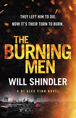 Book cover for "The Burning Men" with fiery imagery and city skyline.