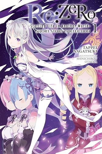 Light novel cover featuring Emilia, Rem, Ram, and Beatrice against a purple starry background.