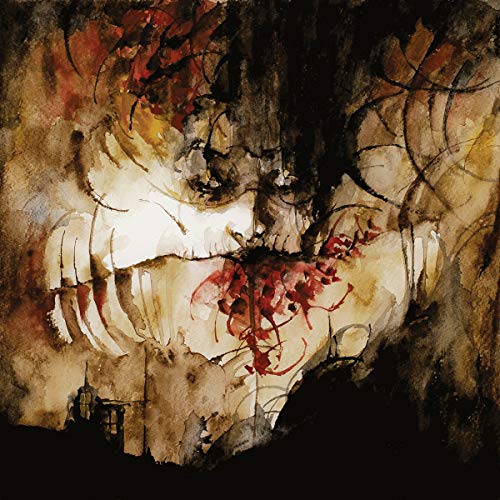 Abstract watercolor painting with a central, pale face-like form.