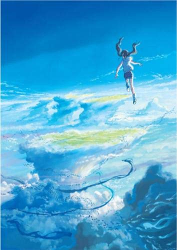 Girl floating above swirling blue clouds and a distant city.