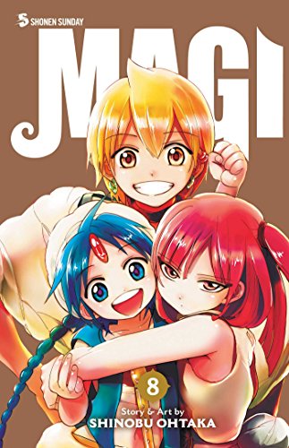 Magi, volume 8 manga cover featuring three anime-style characters.