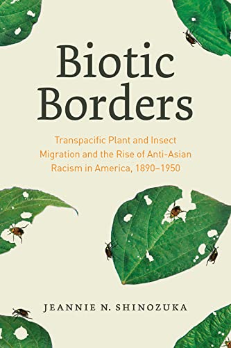 Book cover with green leaves, beetles, and bold title “Biotic Borders.”