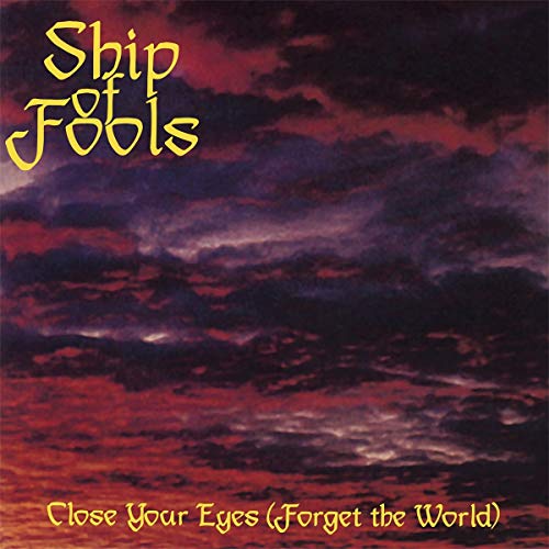 "Album cover with 'Ship of Fools' in yellow text, on a red and purple cloudy background."