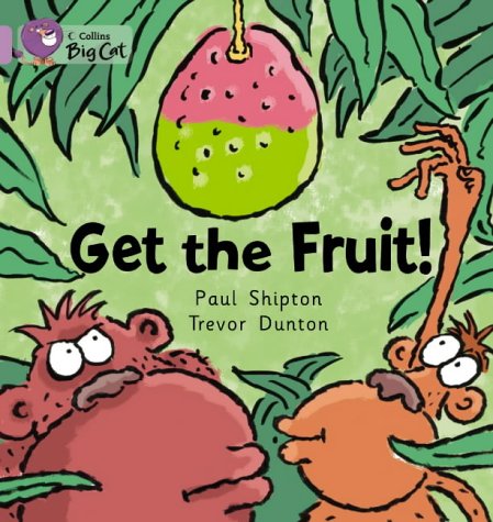 Two monkeys reach for a large, colorful fruit hanging from vines.