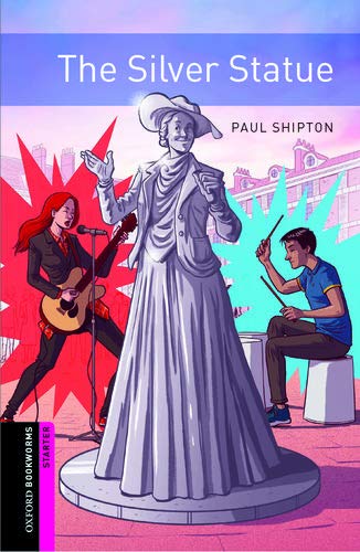 Book cover: silver statue with musicians, red and blue background.