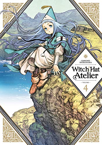 Girl with long blue hair and witch hat on cliffside overlooking water and mountains.