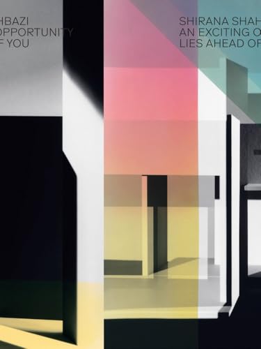 Abstract geometric shapes in pink, black, and beige tones.