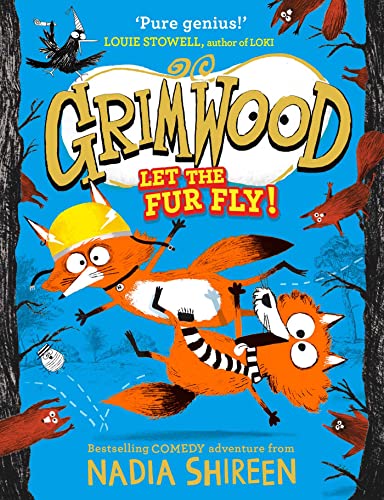 Book cover showing two cartoon foxes jumping in a forest against a blue background.