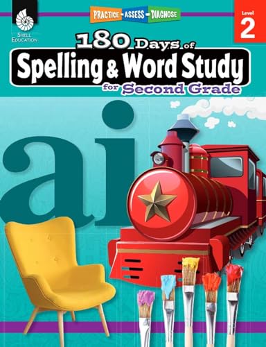 Second grade spelling workbook cover with train, chair, and paintbrushes.