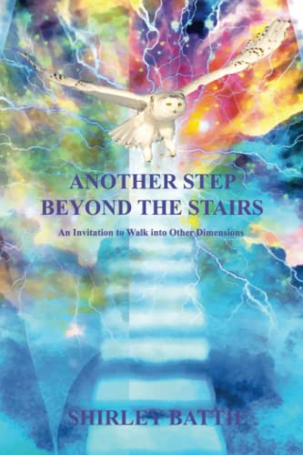 Book cover: owl flying above glowing stairs, colorful abstract background.