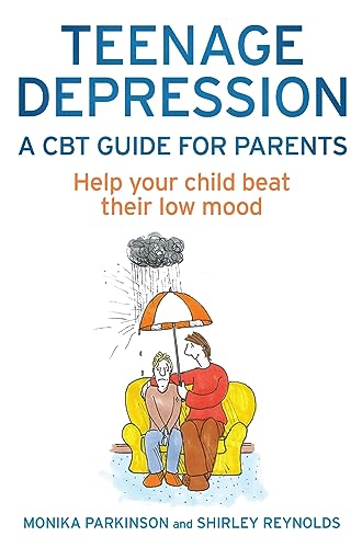 Book cover: "Teenage Depression" with illustration of figures on a couch.