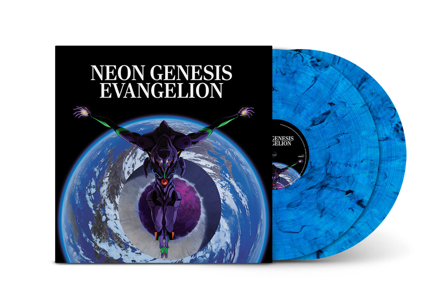 Neon Genesis Evangelion soundtrack vinyl record with blue and black swirl pattern.