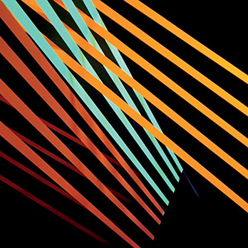 Diagonal stripes of orange, teal, and red on a black background.