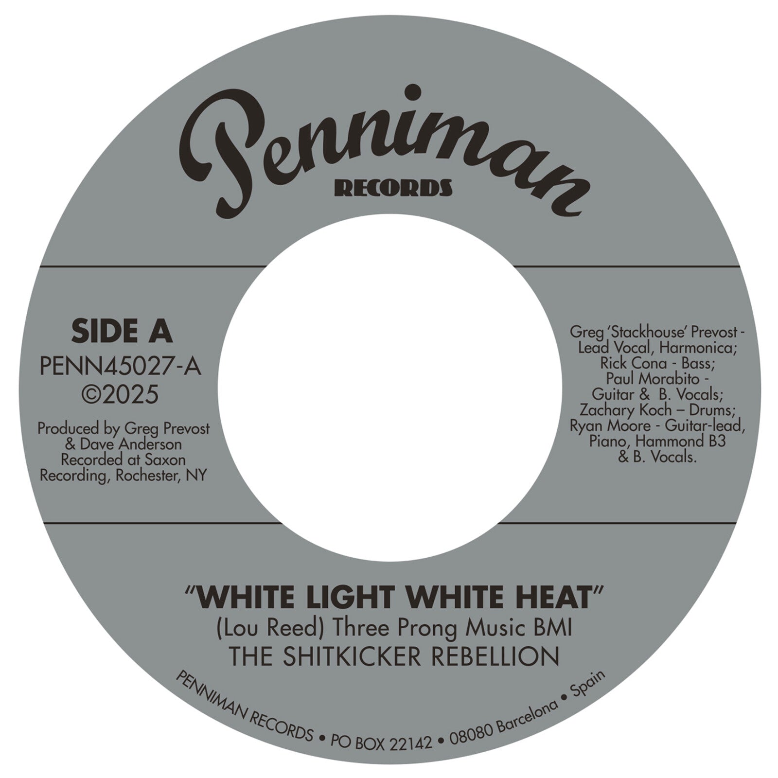 Grey vinyl record label for The Shitkicker Rebellion, White Light White Heat, Penniman Records.