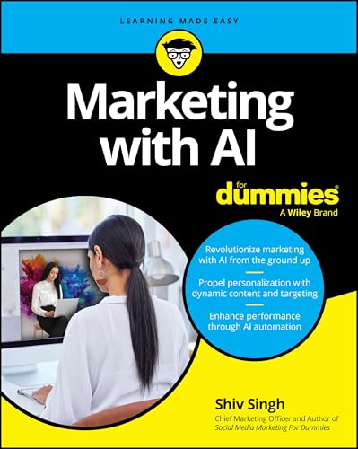 Book cover: "Marketing with AI For Dummies" featuring a woman at a laptop.