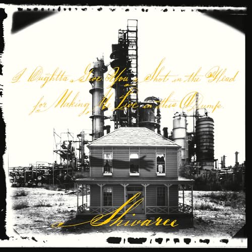 Black and white photo of an industrial landscape with gold lettering.