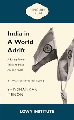 Book cover: "India in a World Adrift" with waving Indian flags.