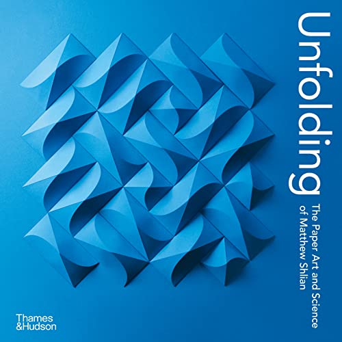 Book cover with a blue geometric paper sculpture and the title Unfolding in white.