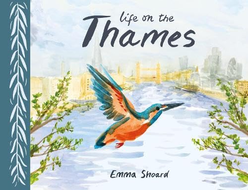 Watercolor illustration of a kingfisher flying over the River Thames with London city skyline.