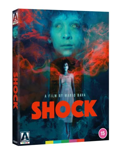 Blu-ray cover art for Shock featuring a woman in a white dress amid smoke.
