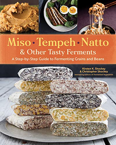 Book cover showing fermented foods and a stack of various tempeh blocks on a plate.