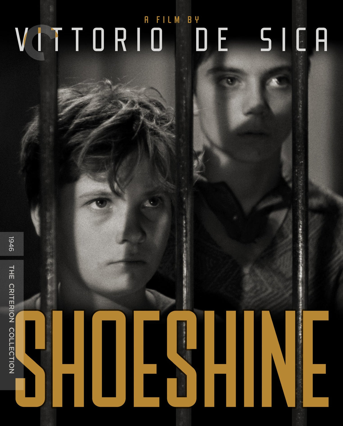 Black and white film poster for "Shoeshine" featuring two young boys behind bars.