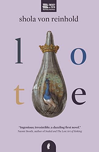 Book cover titled LOTE featuring a crown-topped glass pear containing a peacock illustration.