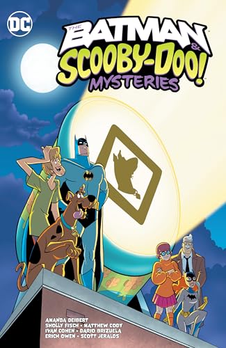 Batman, Scooby-Doo, Shaggy, Velma, and Batgirl stand before a large, glowing bat-signal at night.
