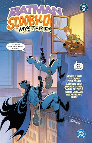 Batman and Batgirl rappel down a building while Shaggy and Scooby-Doo watch from above.