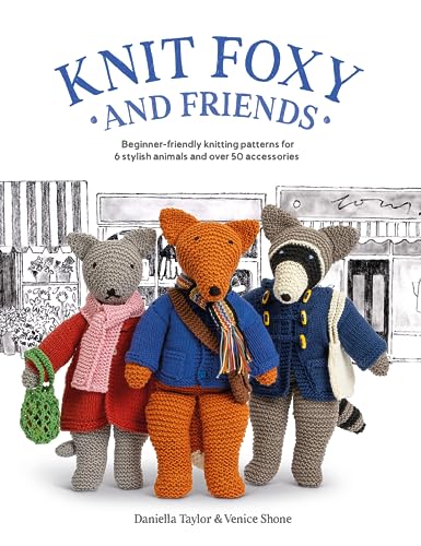 Knit book cover featuring three knitted animal characters with clothing.