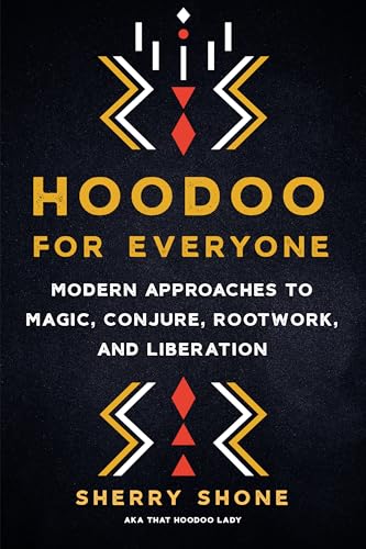 Book cover: "Hoodoo for Everyone" by Sherry Shone, with geometric designs.