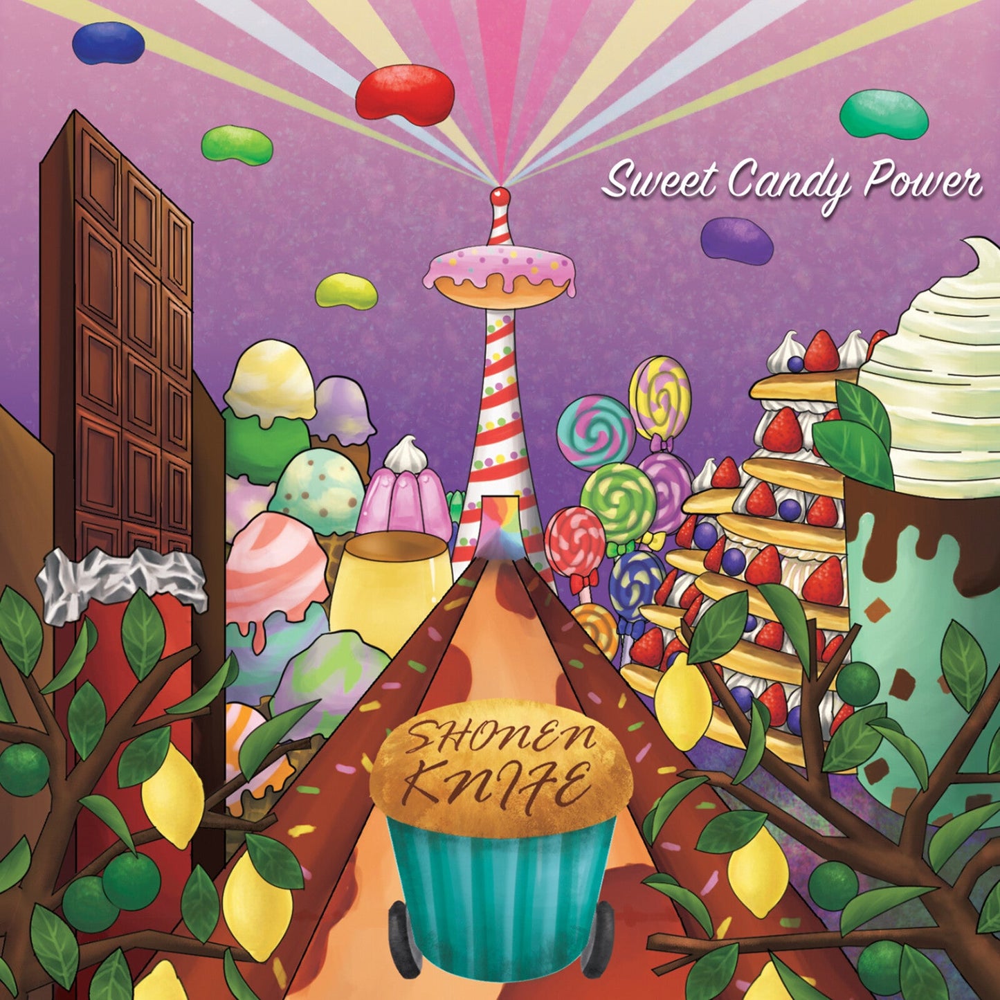 Colorful illustration of a candy landscape with sweets, desserts, and Shonen Knife text.
