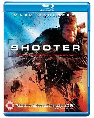 “Shooter” Blu-ray cover featuring Mark Wahlberg with a rifle, action scene.