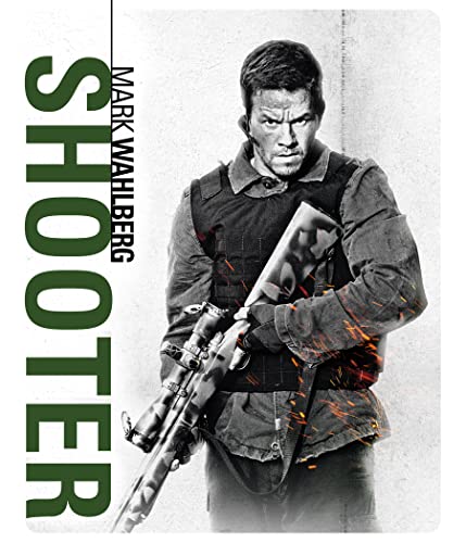 Mark Wahlberg holding a sniper rifle on the Shooter movie steelbook cover.