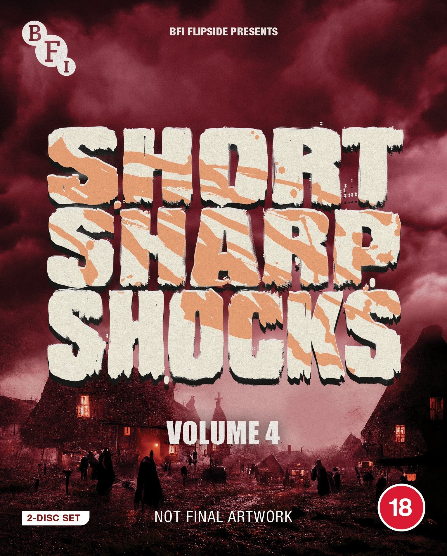 Blu-ray cover for Short Sharp Shocks Volume 4 with a dark, red-tinted village scene.