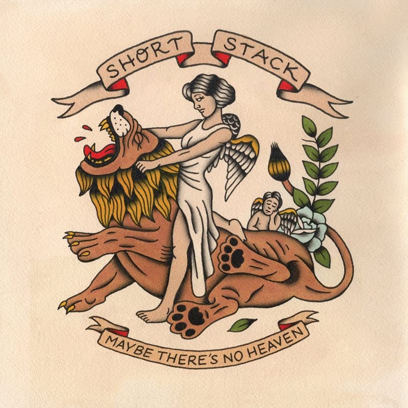 Tattoo-style illustration of an angel riding a lion with banners reading Short Stack.