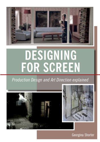 Book cover: "Designing for Screen" with film set imagery and author name.